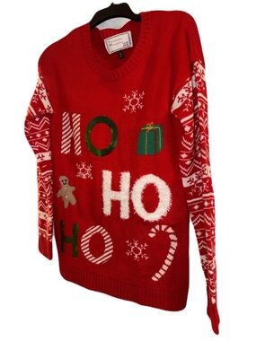 Red 'HO HO HO' Holiday Sweater with Festive Motifs